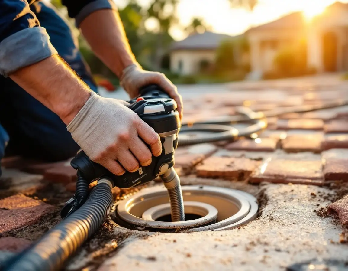 A plumber’s gloved hands working an electric cable machine at a kitchen drain cleanout