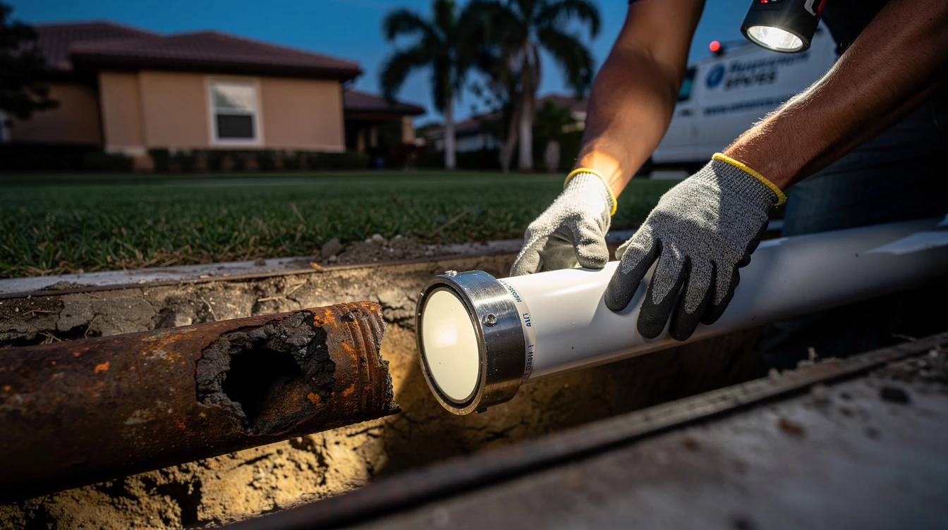 Plumber using acoustic leak detection equipment on a concrete floor